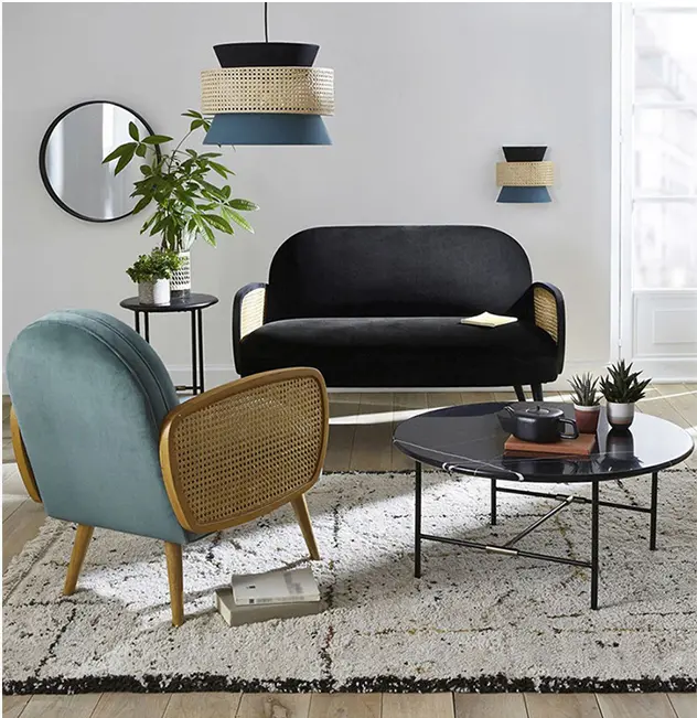 Cane Rattan Armchair, Velvet 06.webp