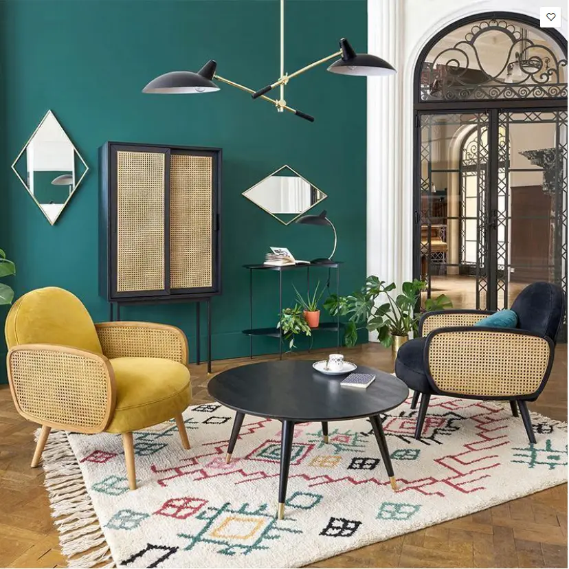 Cane Rattan Armchair, Velvet 04.webp