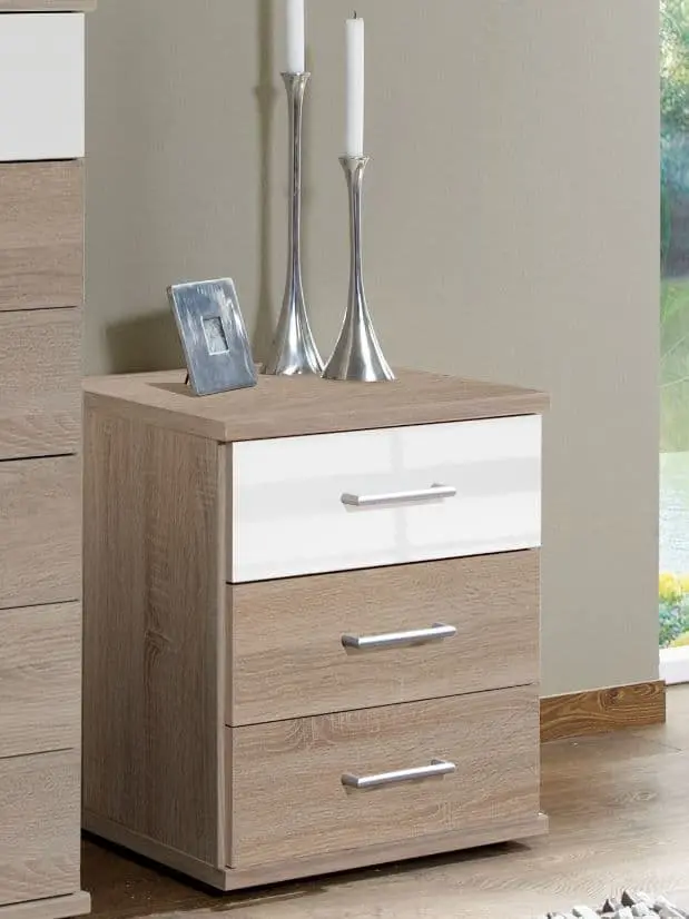 Anzo White Gloss and Oak Effect 3 Drawer Bedside