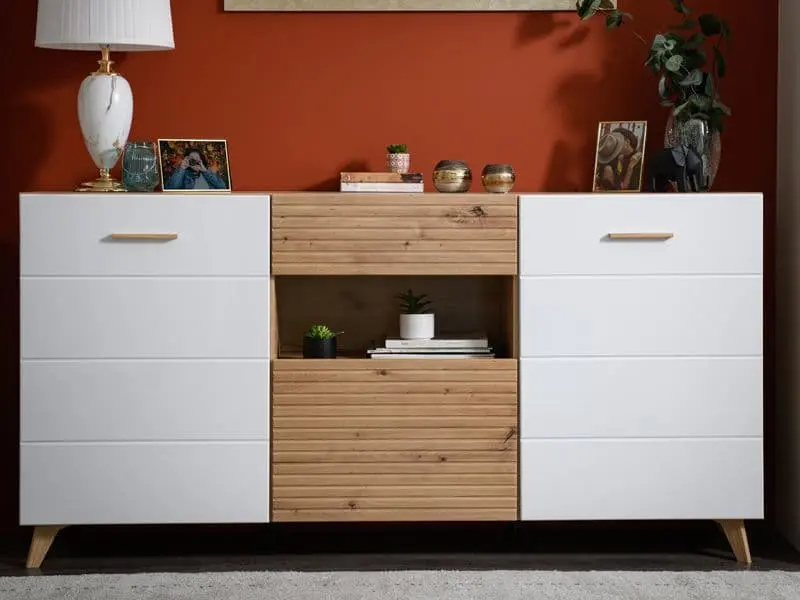 Bretanova Slatted Artisan Oak Effect and White Gloss Sideboard
