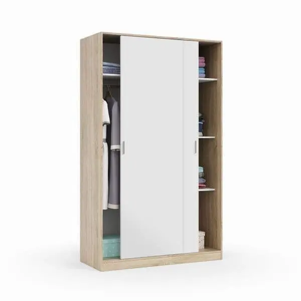 Durham Artic White and Oak Effect Small Narrow Sliding 2 Door Wardrobe 120cm Wide