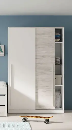 Columbus Artic White and White Oak Effect Small Narrow Sliding 2 Door Wardrobe 120cm Wide