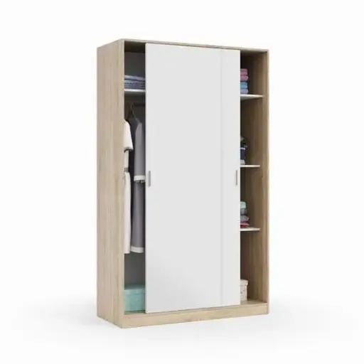 Durham Artic White and Oak Effect Small Narrow Sliding 2 Door Wardrobe 120cm Wide