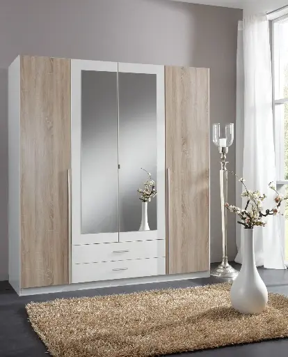 Arctic White and Oak Effect 4 Door / 2 Drawer Wardrobe