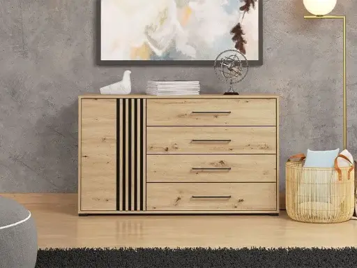 Asmara Oak Effect and Black 4 Drawer Sideboard