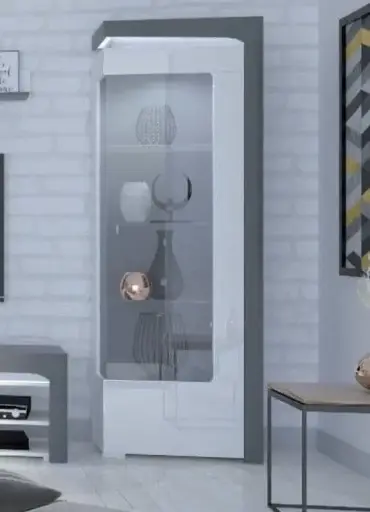 Athens Grey and White Gloss Right Display Cabinet with Glass Door and LED Lights